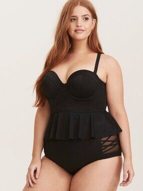 Torrid Plus Size Black Peplum Tankini Top 0/1/ 0X/1X